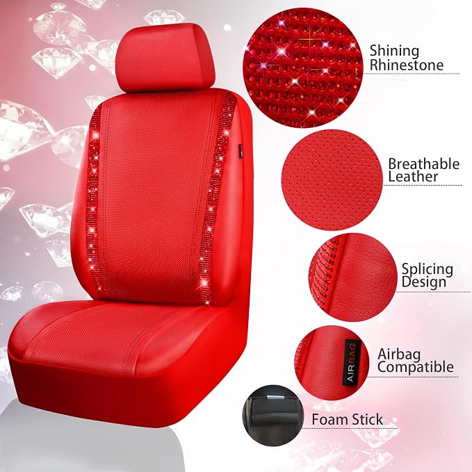 CAR PASS Bling Diamond Car Seat Covers Full Set, Shining Rhinestone Waterproof Faux Leather, Rear with Zipper, Universal Fit Automotive Glitter Crystal Sparkle Strips for Cute Women Girl, Red - Image 4