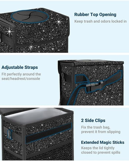 Capolo Car Trash Can with Lid, Leakproof Car Garbage Can Car Trash Bag | Waterproof Trash Can for Car, 3 Mesh Pockets, Mini Hanging Vehicle Car Trash Bin, for Back/Front Seat (Sparkly Black,2.5 Gal) - Image 3