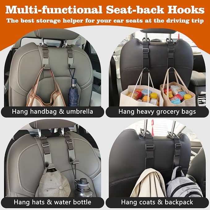 Amooca Anti-drop Car Headrest Hooks 4 Pack Seat Organizer for Bags | Universal Fit Cars SUV Truck, Adjustable, Holds Backpack Water Bottle Handbags Groceries, 40lb Heavy Duty, Clip Design - Image 5