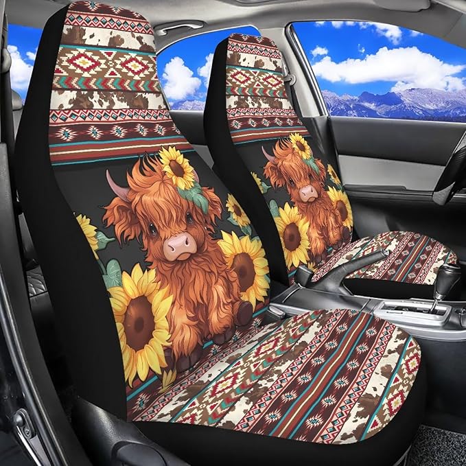 Highland Cow Aztec Car Seat Covers for Front Seats Cow Sunflower Car Accessories for Women Men Washable and Breathable Car Seat Cover Set of 2 for Trucks SUV Sedans - Image 6