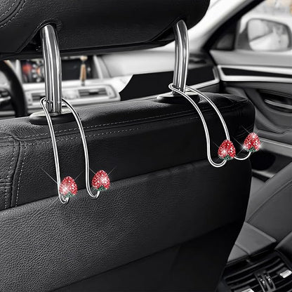 2 PCS Car Headrest Hooks Decorations, Bling Strawberry-Shaped Auto Backseat Hangers, Stainless Steel Purse Hook Diamond Seat Back Storage Holder for Most Cars Trucks SUVs (Red) - Image 6