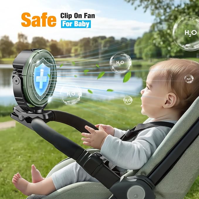 Ausic Portable Misting Golf Cart Fan, Clip on Fans, Max 45H Runtime, 100ml Camping Stroller Fan with Ligth, 360° Rotate Cooling Spray, Outdoor Rechargeable Battery Fans for Travel/Home/Beach - Image 4