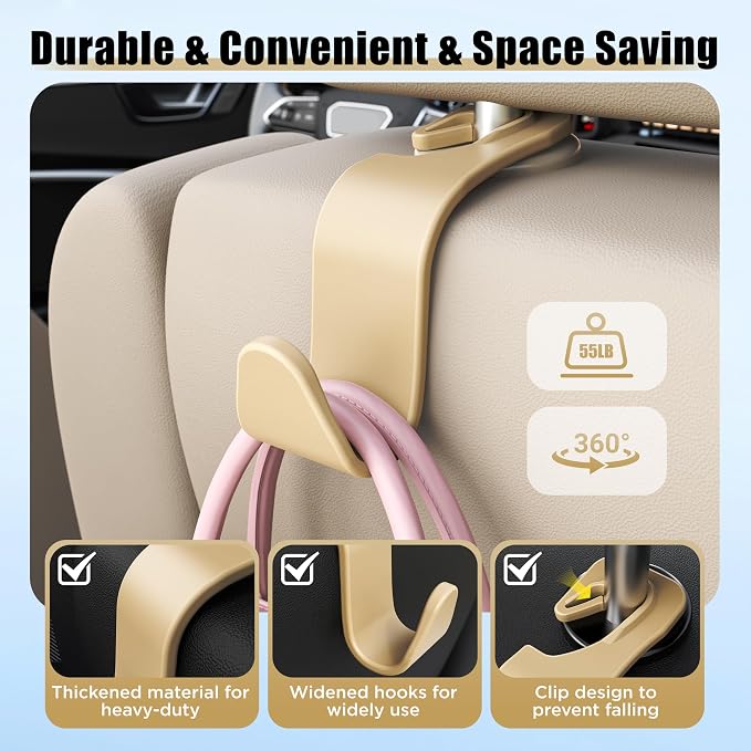 Amooca Car Seat Headrest Hooks 4-Pack Storage Organizer Holds 55 lbs | Universal Fit Most Car/SUV/Truck, Anti-drop, Hanger for Backpack Umbrella Water Bottle Coat Purses Handbags Groceries, Beige - Image 5