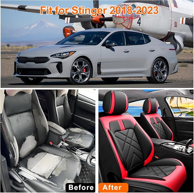 Stinger Car Seat Covers Custom Fit for Kia Stinger 2018-2023, Premium Full Coverage Leather Automotive Seat Protectors, All Seasons Waterproof Breathable, Airbag Compatible (Full Set Red Black) - Image 6