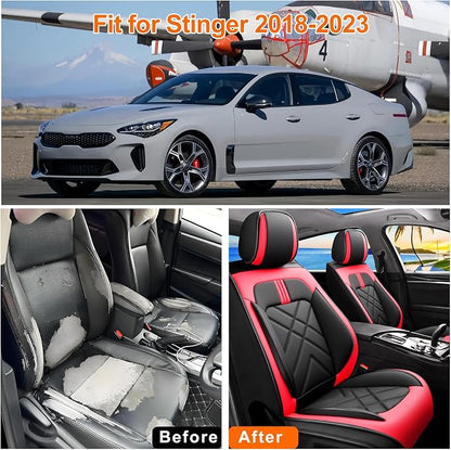 Stinger Car Seat Covers Custom Fit for Kia Stinger 2018-2023, Premium Full Coverage Leather Automotive Seat Protectors, All Seasons Waterproof Breathable, Airbag Compatible (Full Set Red Black) - Image 6