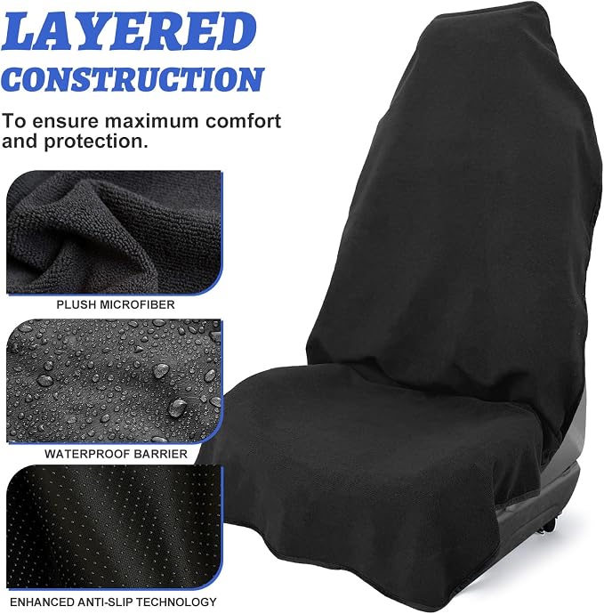 BOPUOVRE Car Front Seat Cover Waterproof Sweatproof Universal Fit | Fits All Cars Trucks Gym Sports Beach 3 Layer Non Slip Machine Wash Stain Protection Black 2 Piece - Image 4