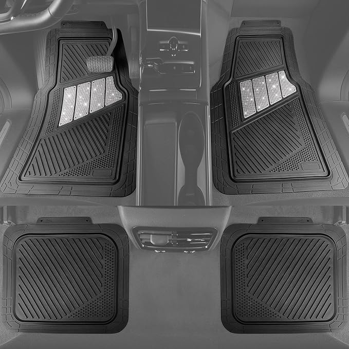 CAR PASS Heavy Duty Rubber Floor Mats 4-Piece Bling Car Mats Full Set - Universal Waterproof Floor Mats for SUV Truck, Durable All Weather Car Mats, Automotive Mats for Women Glitter Silver - Image 5