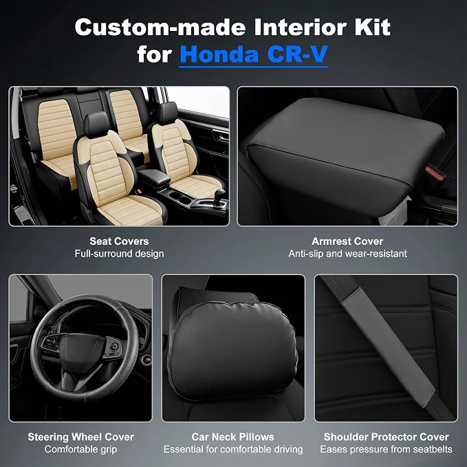 Custom Fit Seat Covers for Honda CRV 2017-2022 Front Rear Set-Black&Beige | Faux Leather,Full Coverage,5-Piece Set, Includes Neck Pillows, Armrest Cover, Seat Belt & steering Wheel Cover - Image 3