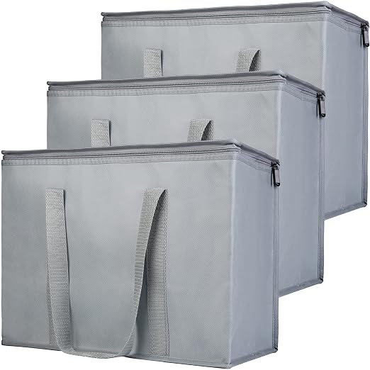 Bodaon 3-Pack Insulated Reusable Grocery Shopping Bag, X-Large Frozen Food Cold, Cooler Bags with Secure Top, Insulated Food/Pizza Delivery Bag, Gray by Bodaon