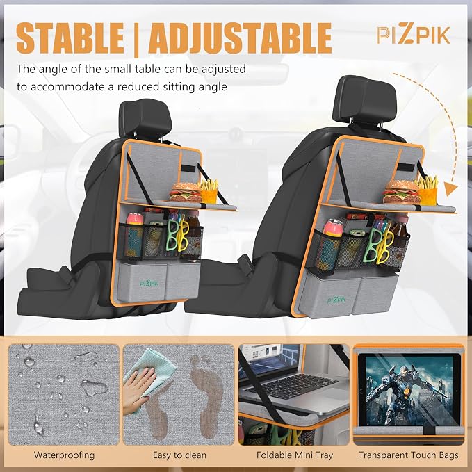 Car Backseat Organizer with Tablet Holder,11 Storage Pockets with Foldable Food Tray, Protector Kick Mats for Kids, Travel Accessories Organizer (Orange, 1Pack) - Image 5