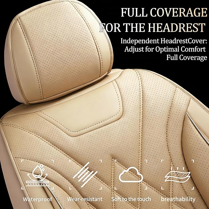 for Subaru Outback 2007-2026 Car Seat Covers, Full Set, Beige | Luxury Full Coverage Leather Seat Protectors, Waterproof Breathable, Non-Slip, Easy to Install, Airbag Compatible, All-Season - Image 3