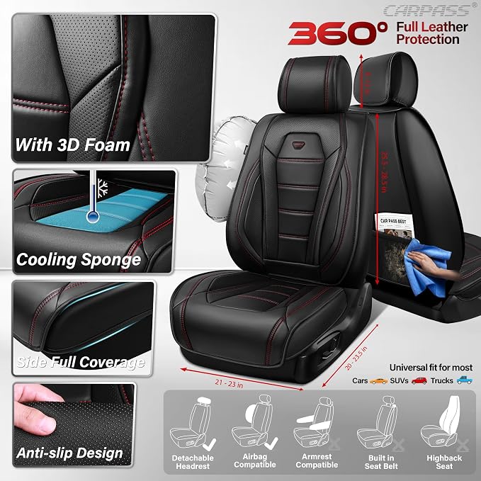 CAR PASS Nappa Leather Car Seat Covers Full Set Faux Leather, Black | Luxury Nappa Leather,360° Full Protection,Water resistant,3D Foam Comfort,Scratch proof,Universal Fit for Most Cars SUV Truck - Image 3