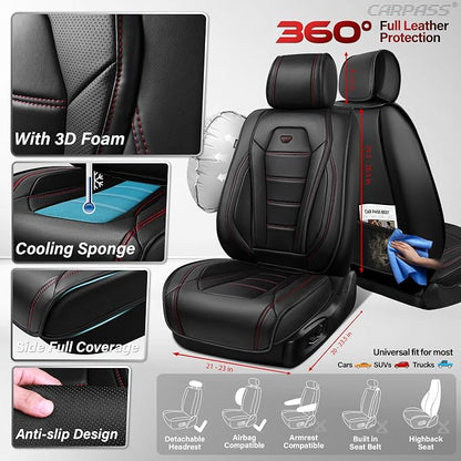 CAR PASS Nappa Leather Car Seat Covers Full Set Faux Leather, Black | Luxury Nappa Leather,360° Full Protection,Water resistant,3D Foam Comfort,Scratch proof,Universal Fit for Most Cars SUV Truck - Image 3