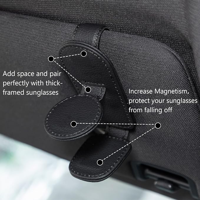 Konohan Sunglasses Holder for Car Visor Leather Eyeglass Hanger Magnetic Sunglasses Holder with 2 Clips (Black) - Image 4