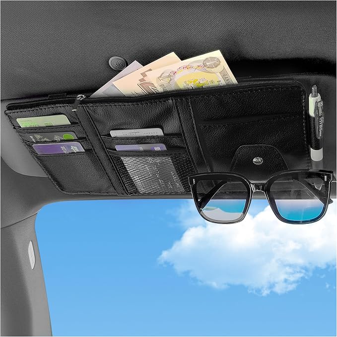 OFBAND Car Visor Organizer with Sunglass Holder,Multi-Functional Car Sun Visor Organizer with Zipper for Cards,Money,Tickets,Leather Interior Accessories (Black) by OFBAND