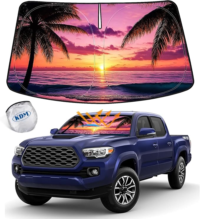 KDM Sunset Beach Style Windshield Sun Shade Fit 2016-2023 to-yota Tacoma | Foldable Front Reflective Windows Sunshade Visor Protector Blocks UV Rays Heat by KDM
