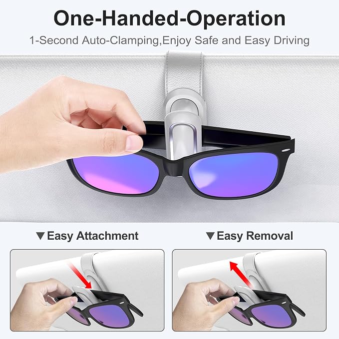 Veharvim Sunglass Holder for Car (2 Pack, One-Handed Operation, Gentle & Secure Hold, Silicone Padded, Universal Fits Sunglass and Car Visor) - Sunglasses Clip for Car Visor (Grey, 2 Pack) - Image 2