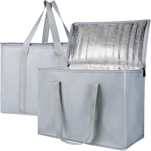 Bodaon Insulated Reusable Grocery Shopping Bags, 2-Pack, X-Large, Grey | Picnic Cooler Bag Top Cold/Warmer, Heavy Duty Insulated Food Delivery Bag, For Commercial Catering Rideshare Driver, Foldable by Bodaon