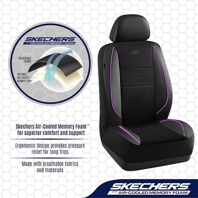 Skechers Air-Cooled Memory Foam Seat Covers,Mesh Thick Car Seat Covers,Piping Leather Car Seat Cover,Airbag Compatible,Automotive Comfort for Most Cars, Vans, Trucks, SUV(Purple, Full Set) - Image 4
