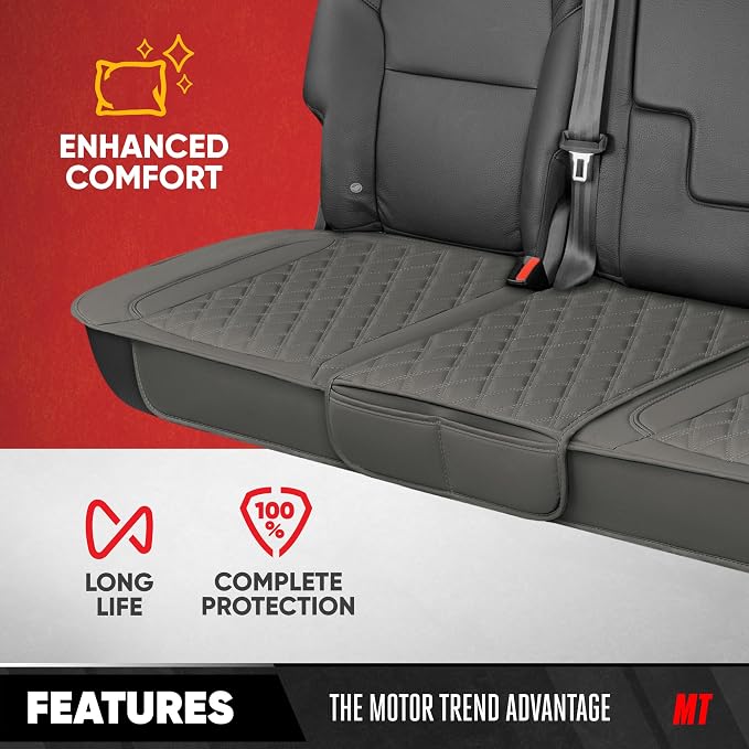 Motor Trend Rear Seat Cushion - Gray Diamond Stitched Faux Leather Rear Seat Cover for Cars, Trucks, SUVs - Padded, Waterproof, Non-Slip Back Seat Cover with Storage Pockets - Image 2