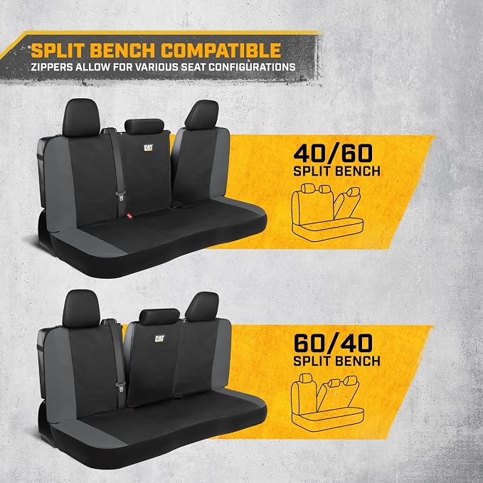 CAT Black & Gray Car Seat Covers Full Set - Front Seat Covers & Rear Bench Seat Cover - Airbag Compatible, 60/40 Split Bench for Mid-Size Trucks & SUVs - Automotive Interior Seat Accessories - Image 7