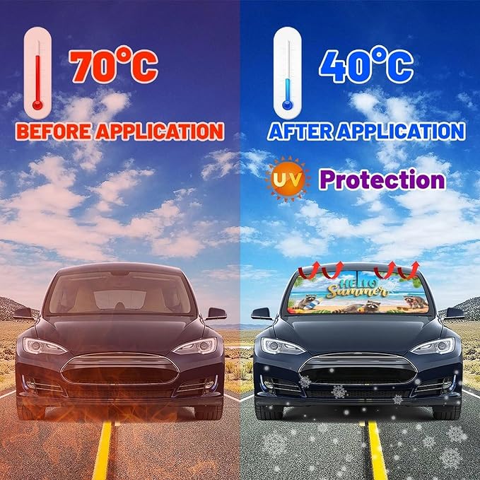 CHILL·TEK Funny Raccoon Car Windshield Sun Shade Umbrella Hawaiian Raccoon Car Sun Shade Umbrella Block UV Rays Heat Foldable Windshield Umbrella Sun Visor Protector - Keep Vehicle Cool for Cars SUV - Image 6