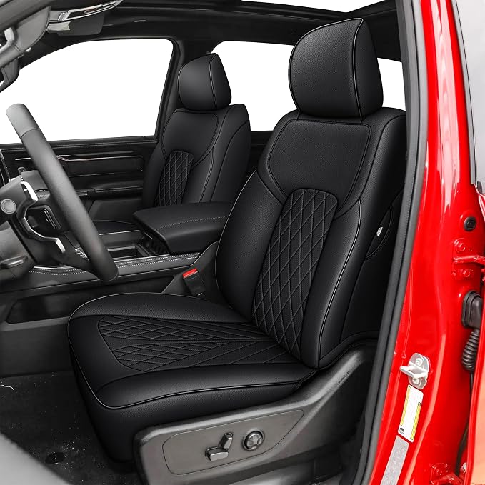 AOMSAZTO Custom Fit Seat Covers for Dodge RAM 1500 2019-2026 Crew Cab Truck | Black lattice Seat Covers, Pickup Truck, Premium Faux Leather, Perfect Fit, Breathable, Water Resistant, Airbag compatible by AOMSAZTO