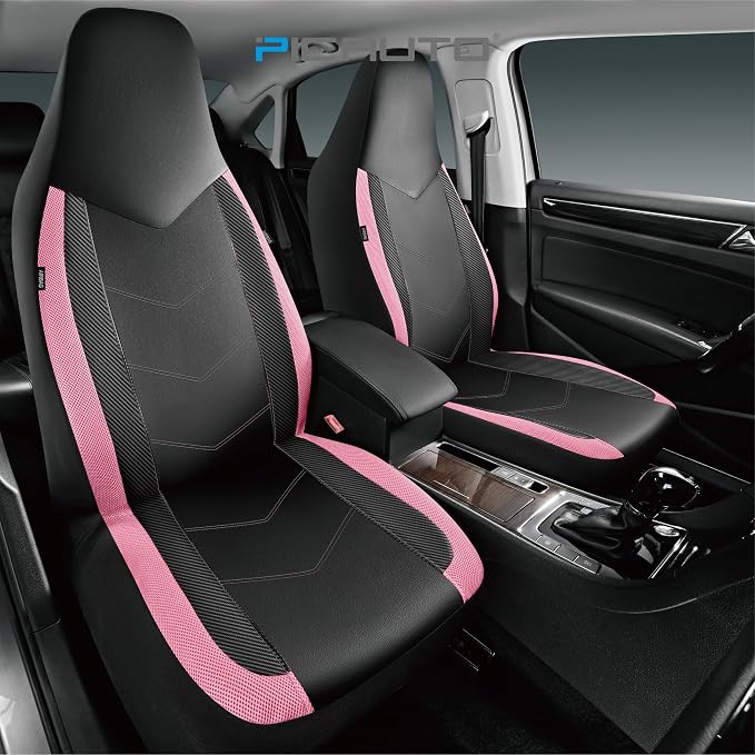 PIC AUTO Leather Car Seat Covers, Sports Carbon Fiber & Mesh Design, High-Back Two Front Set, Waterproof Automotive Seat Covers, Airbag Compatible, Universal Fit for Most Cars (Black & Pink) - Image 2