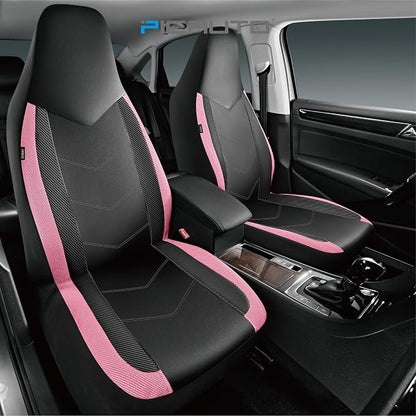 PIC AUTO Leather Car Seat Covers, Sports Carbon Fiber & Mesh Design, High-Back Two Front Set, Waterproof Automotive Seat Covers, Airbag Compatible, Universal Fit for Most Cars (Black & Pink) - Image 2