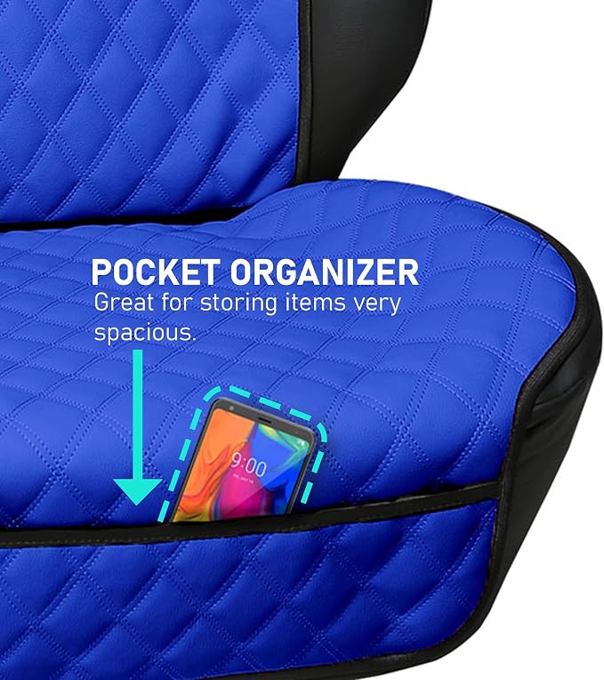 FH Group Car Seat Cushion – Faux Leather Single Front Seat Cover with Front Pockets, Airbag Compatible, Universal Fit Car Seat Cushion for Driver or Passenger Seat, SUV, Truck, Sedan & Van – Blue - Image 2