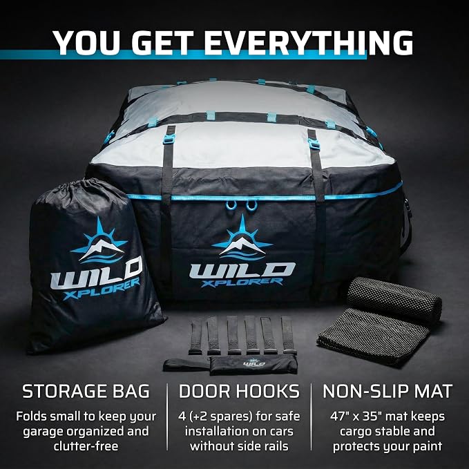 Rooftop Cargo Carrier 15 Cu Ft, Waterproof Soft Shell Roof Bag | Heavy Duty Car Top Luggage Cargo Bag with Patented Door Hooks, Protective Mat and Storage Bag (44 x 34 x 17 in, L) - Image 6