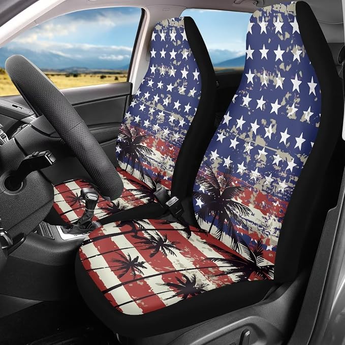 Palm Trees Front Car Seat Cover US Flag Auto Interior Accessories 2 Pcs Set Stretch Polyester Fabric Cover Patriotic All-Season Protection Suitable for Most Cars,SUV,Sedan - Image 4