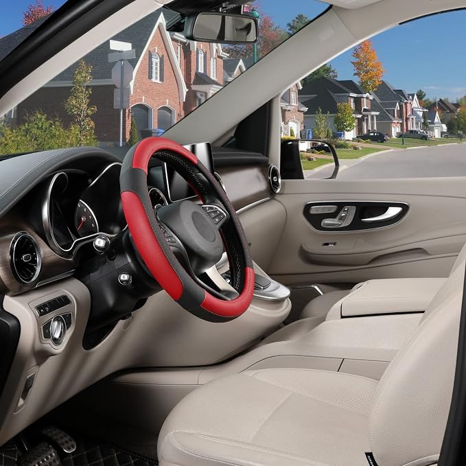 SEG Direct Steering Wheel Cover 14.5-15 inch Car Auto Interior Accessories | Universal Medium Standard Size 37-39cm for Car Truck SUV, Microfiber Leather, Anti-Slip Comfortable Grip, Black and Red - Image 8