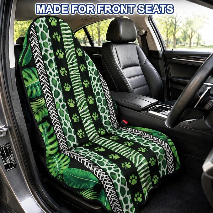 Car Seat Towel Cover for Front Seat, 1Pc Sweat Absorbent Car Seat Protector with Non-Slip Backing, Waterproof Towel Car Seat Cover for Runners, Gym, Swimming, Beach, Pets, Green Jungle Paws - Image 2