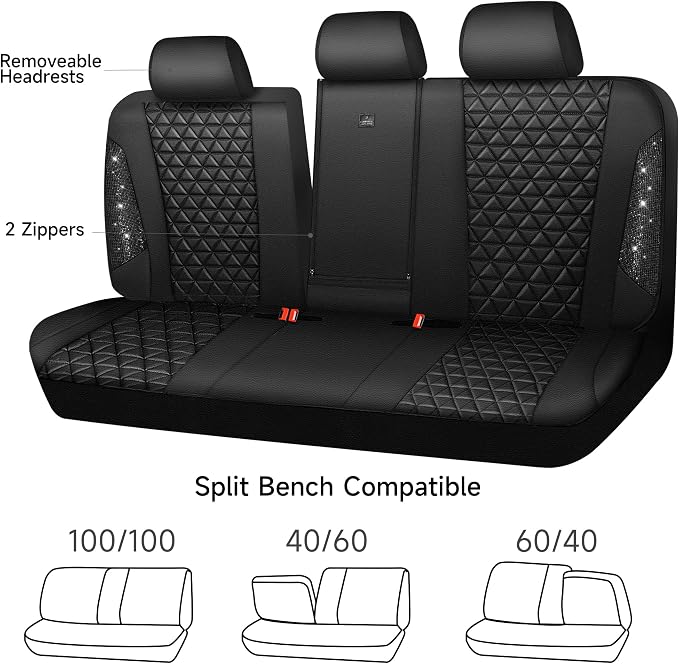 CAR PASS Bling Back Seat Cover, Waterproof Leather Bench Rear Seat Cover Shining Diamond Truck Glitter Crystal Sparkly Rhinestone Universal Fit Armrest Automotive Kid Women Girl, Black Diamond - Image 6