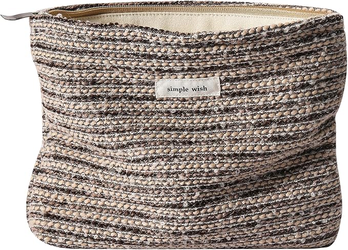 RSRSLEII Striped Travel Makeup Bag, Cute Toiletry Bag (11 Brown Stripe) | Aesthetic Portable Cosmetic Bag with Zipper, Vintage Makeup Pouch with Canvas Lining, Car Storage Bag for Women and Girls by RSRSLEII