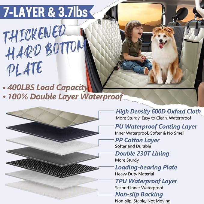Dog Truck Seat Cover for Back Seat, Hard Bottom Pet Hammock, XL | for F150, RAM1500, Sierra, Tundra, Silverado Full-Size Crew Cab Trucks, Extender Space, Sturdy Oxford, Waterproof, Khaki - Image 5