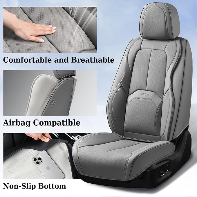 Coverado Car Seat Covers Full Set, Premium Nappa Leather Seat Covers for Car, Waterproof Car Seat Protector with Lumbar Support, Automotive Seat Covers Universal Fit for Most Cars SUV Truck(Gray) - Image 3