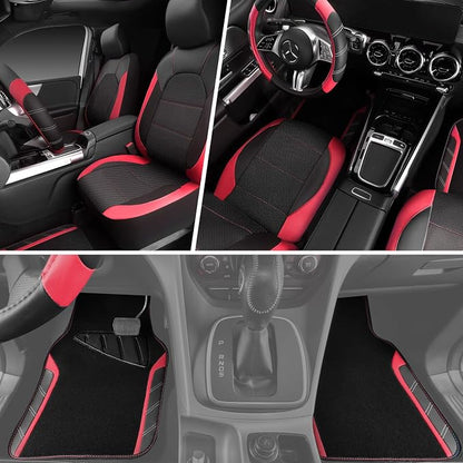CAR PASS Air Mesh Leather Car Seat Covers for Front Seats, Waterproof Car Floor Mats, Sporty Steering Wheel Cover, Universal Fit for 95% Cars Truck SUV (Black and Red) - Image 3
