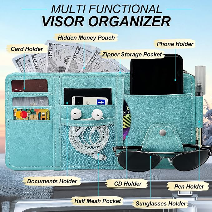 Keedolla Blue Car Sun Visor Organizer, Auto Car Sun Visor Gift Card Holder Storage Organizer Travel Document Holder with Zipper Pocket for Sedan, Trucks, SUV - Image 2