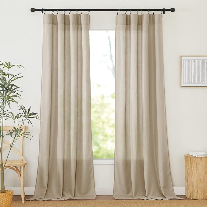 RYB HOME Linen Sheer Curtains 2 Panels for Living Room, Semi Transparent Privacy Drapes with Rod Pocket Farmhouse Style Window Treatments for Bedroom, Taupe, 52" W x 120" L by RYBHOME