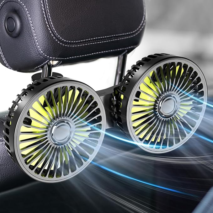 Dealswin Car Fan for Backseat kids, Dual Head USB Car Seat Fans, 360° Rotatable Strong Wind Rear Headrest CarFan for Baby, Air Circulation Fan with Adjustable Clip for Vehicles SUV RV by Dealswin