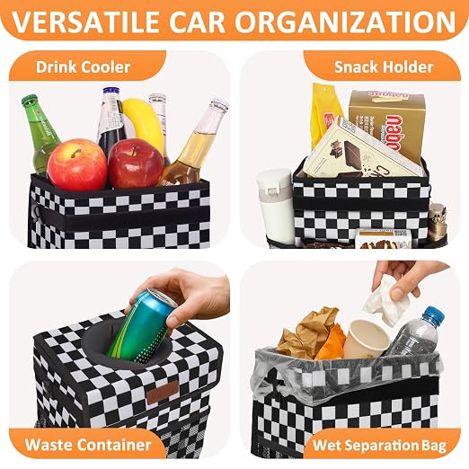 Vankor Car Trash Can with Lid Leak Proof Car Accessories for Women | 2.2 Gallon Cute Hanging Car Trash Bin for Men Car Truck Auto Interior Automotive Garbage Cans, Black White Checkered - Image 6