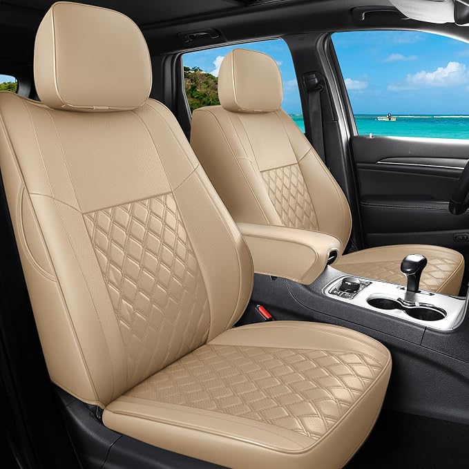 Huidasource Upgrade Grand Cherokee Seat Covers, Full Coverage Waterproof Leather Car Seat Covers, Custom Seat Cushion Protector Fit for Jeep Grand Cherokee 2011-2021 (Full Set/Beige) by Huidasource