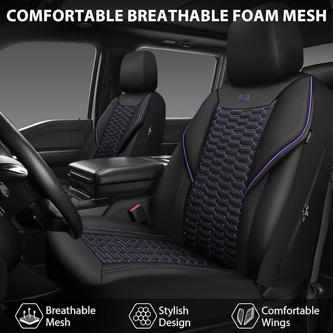 CAR PASS 3D Foam Mesh Leather Car Seat Covers Front Seats,Breathable Mesh Front Seat Covers for Women,Universal Fit for Cars SUV Truck Sedan Van Automotive,Armrest Airbag Compatible,Black and Purple - Image 7