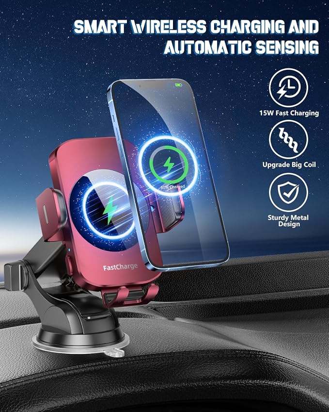 3-in-1 Wireless Car Charger Mount, 15W Fast Charging Auto-Clamping Phone Holder for iPhone 17 16 15 14, Samsung Galaxy S24 S23, Dashboard, Vent & Windshield Car Mount(Deep Red) - Image 2
