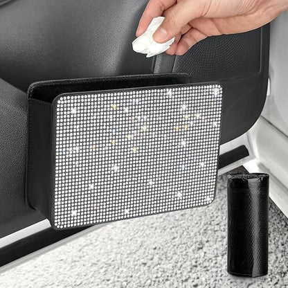 Accmor Bling Car Trash Can, Foldable Vehicle Trash Bin Dustbin Garbage Organizer Storage, Sparkling Crystal Rhinestone Trash Bags Holder Container with 30pcs Garbage Bag Car Accessories for Auto, SUV by Accmor