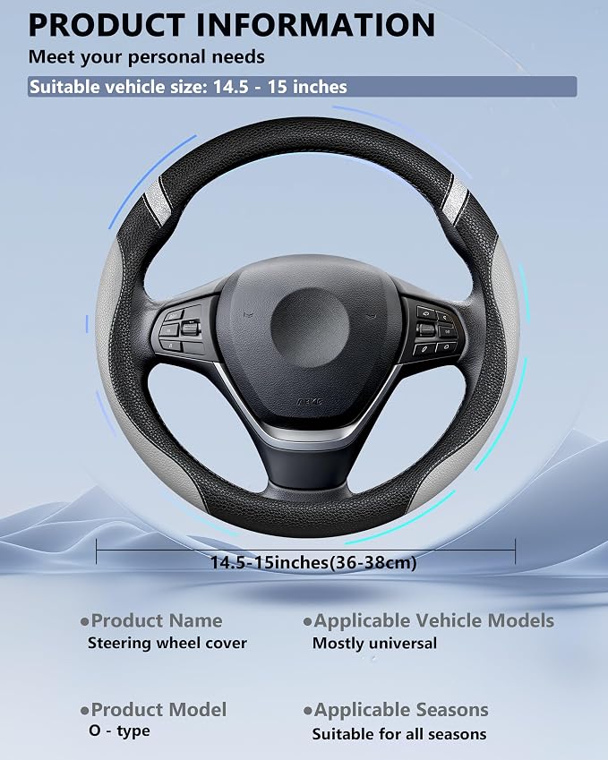 Steering Wheel Cover for Men Women Leather Universal Steering Wheel Covers for Car 15inch (Gray) - Image 6