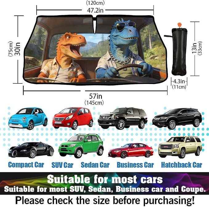 Dinosaur Car Windshield Sun Shade Umbrella Bendable Handle Foldable Funny Dinosaur Animal Driving Sunshade for Car Windshield Block UV Rays Keep Vehicle Cool for Most Sedans SUV Trucks 57"x30" - Image 6