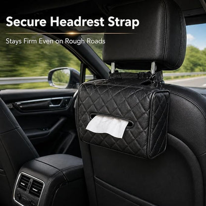 Luxury Quilted Car Tissue Holder – Headrest-Mounted Tissue Box for Cars, SUVs & Trucks – PU Leather Tissue Dispenser with Secure Strap – Easy One-Hand Access (Black) - Image 7